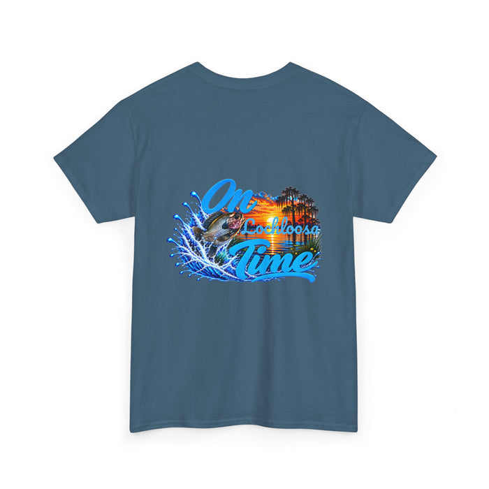 Cotton T-Shirt — “On [Your Lake] Time” Personalized Sunset Bluegill (Back Design)