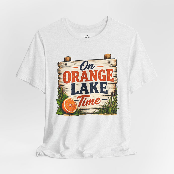 On Orange Lake Time T‑Shirt — Vintage Lakeside Orange Slice Tee