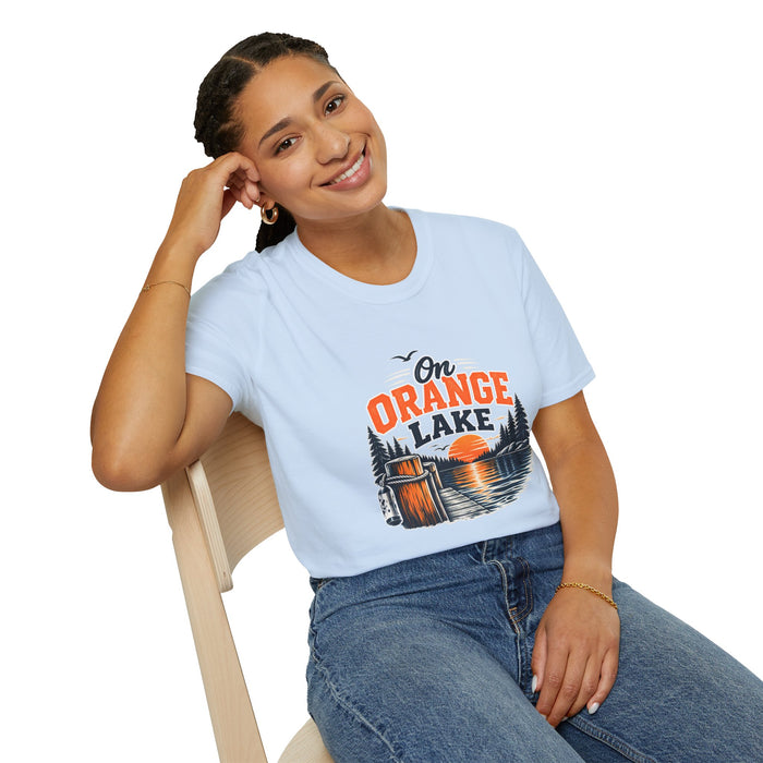 On Orange Lake T-Shirt — Retro Sunset Cabin Lake Shirt for Campers & Nature Lovers