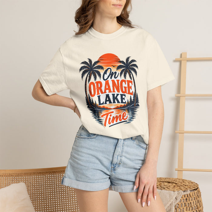 Lake Sunset T-Shirt — "On Orange Lake Time" Palm Tree Retro Tee