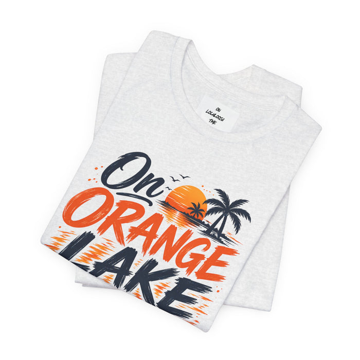 On Orange Lake Time T‑Shirt — Retro Sunset Palm Lake Shirt
