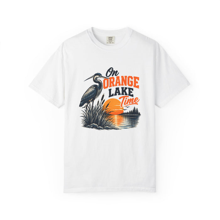 On Orange Lake Time T-Shirt — Vintage Heron Sunset Lake Tee