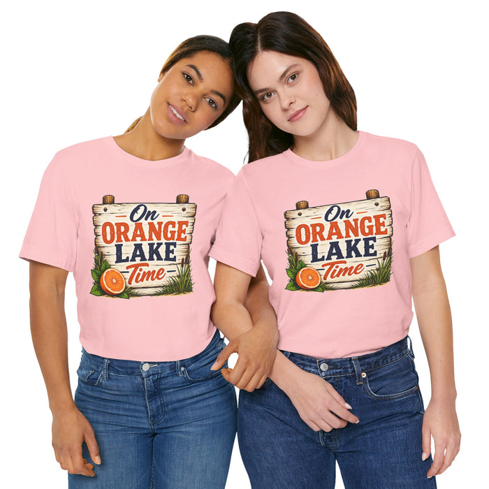 On Orange Lake Time T‑Shirt — Vintage Lakeside Orange Slice Tee