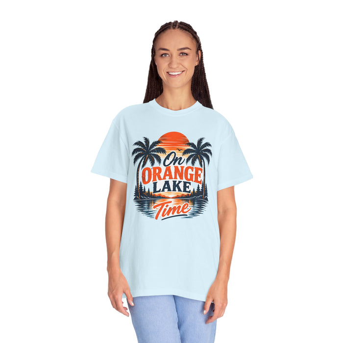 Lake Sunset T-Shirt — "On Orange Lake Time" Palm Tree Retro Tee