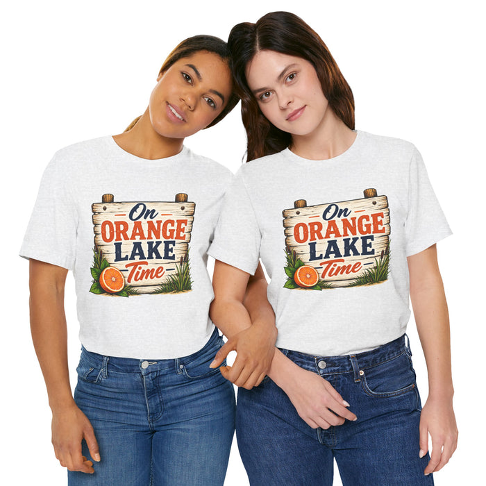 On Orange Lake Time T‑Shirt — Vintage Lakeside Orange Slice Tee