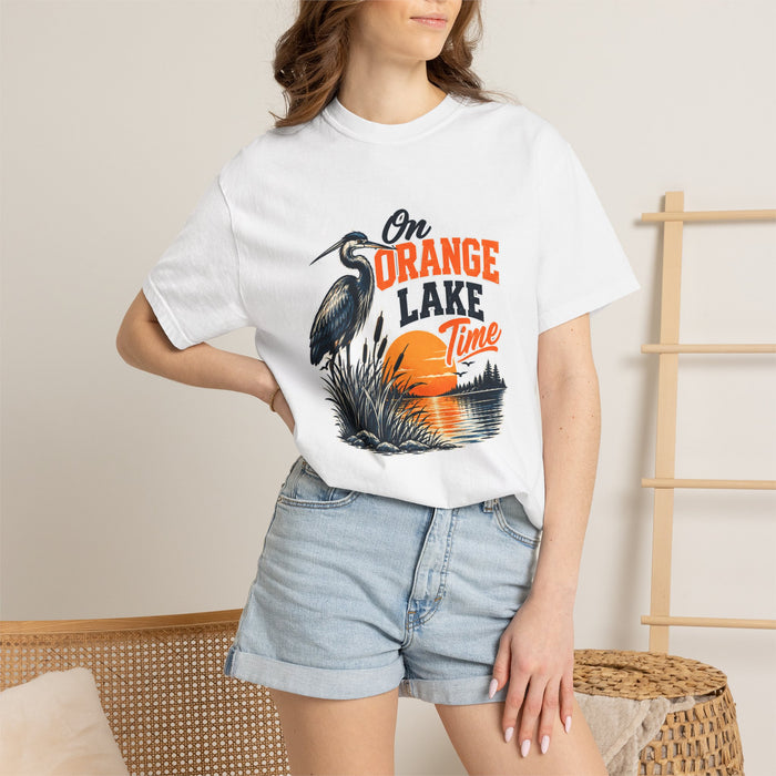 On Orange Lake Time T-Shirt — Vintage Heron Sunset Lake Tee