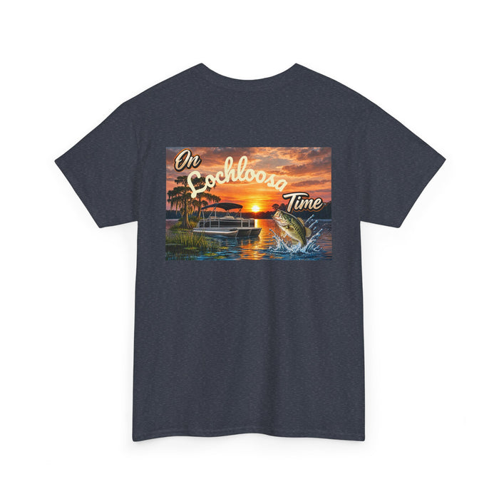 Personalized Sunset Tee — "On [Your Lake] Time" (Bass)