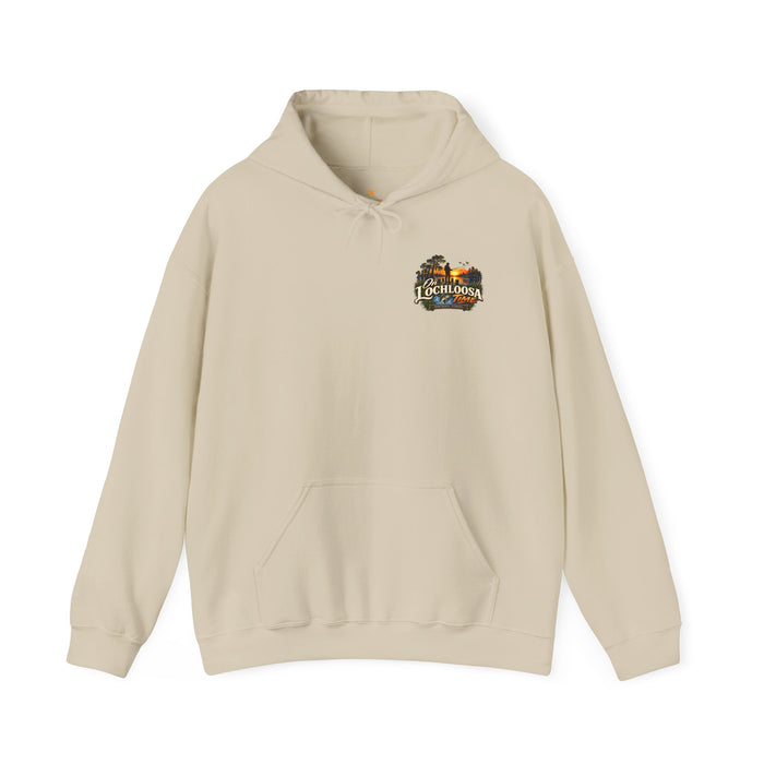 On Lochloosa Time hoodie, front view with small chest logo, in Sand