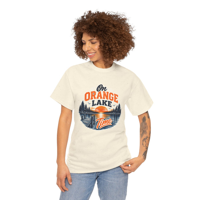 Lake T-Shirt — "On Orange Lake Time" Retro Sunset Fishing Tee