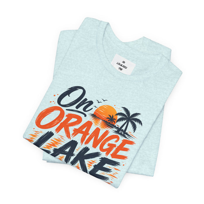 On Orange Lake Time T‑Shirt — Retro Sunset Palm Lake Shirt