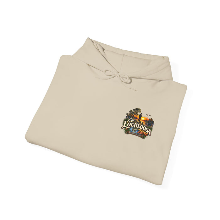 On Lochloosa Time hoodie, folded flat lay front view with small chest logo, in Sand