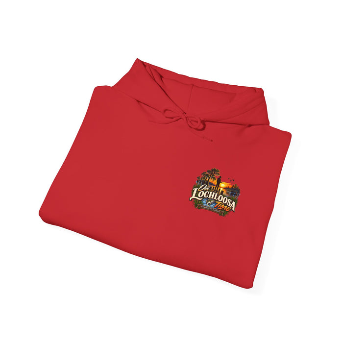 On Lochloosa Time hoodie, folded flat lay front view with small chest logo, in Red