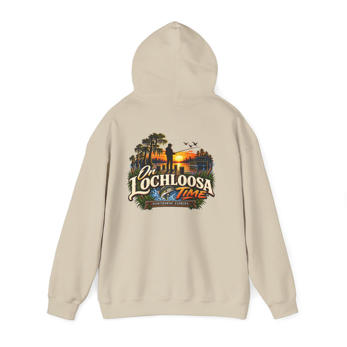 On Lochloosa Time hoodie, back view with large fisherman-at-sunset print, hood up, in Sand