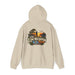 On Lochloosa Time hoodie, back view with large fisherman-at-sunset print, hood up, in Sand