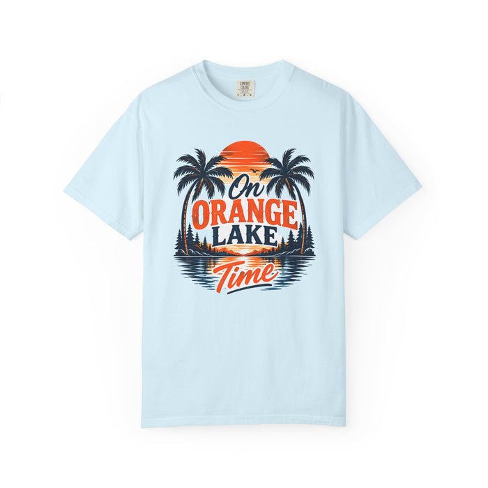 Lake Sunset T-Shirt — "On Orange Lake Time" Palm Tree Retro Tee