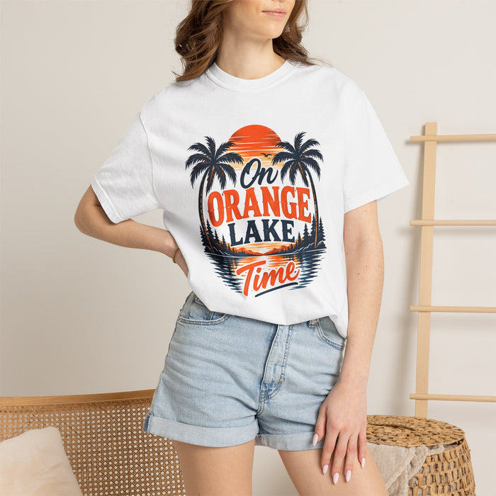 Lake Sunset T-Shirt — "On Orange Lake Time" Palm Tree Retro Tee