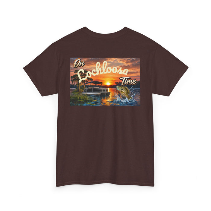 Personalized Sunset Tee — "On [Your Lake] Time" (Shell Cracker)