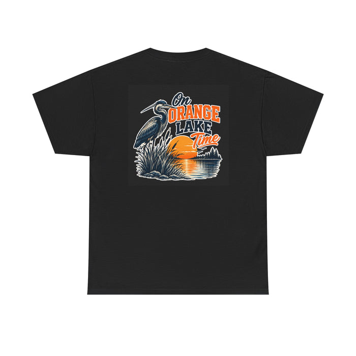 Lake Sunset T-Shirt — "On Orange Lake Time" Heron Graphic Tee