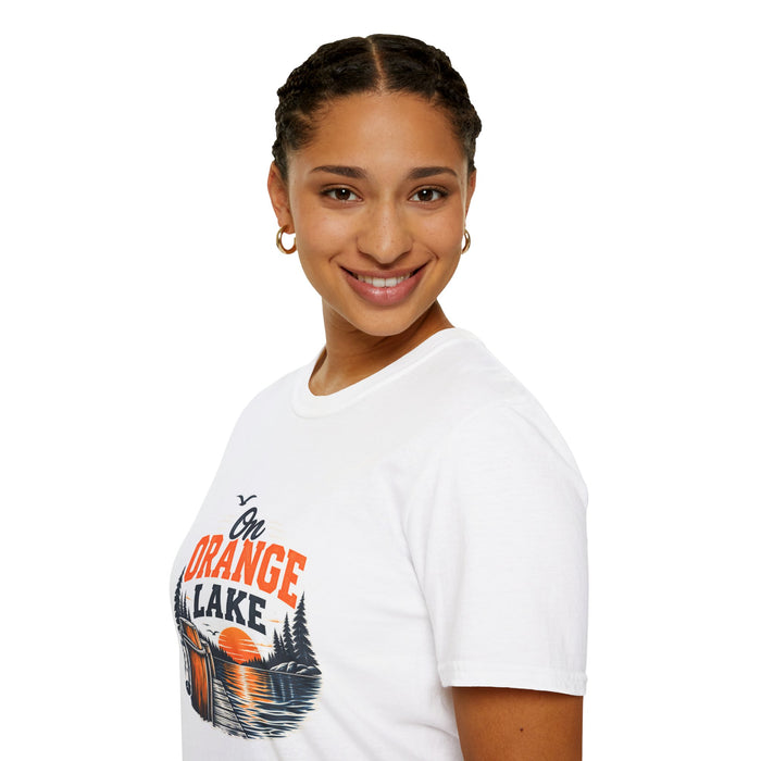 On Orange Lake T-Shirt — Retro Sunset Cabin Lake Shirt for Campers & Nature Lovers