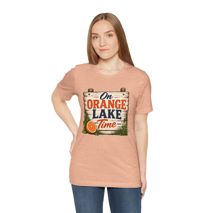 On Orange Lake Time T‑Shirt — Vintage Lakeside Orange Slice Tee