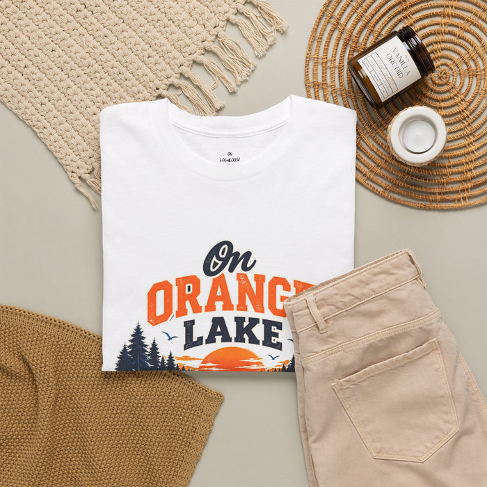 Lake T-Shirt — "On Orange Lake Time" Retro Sunset Fishing Tee
