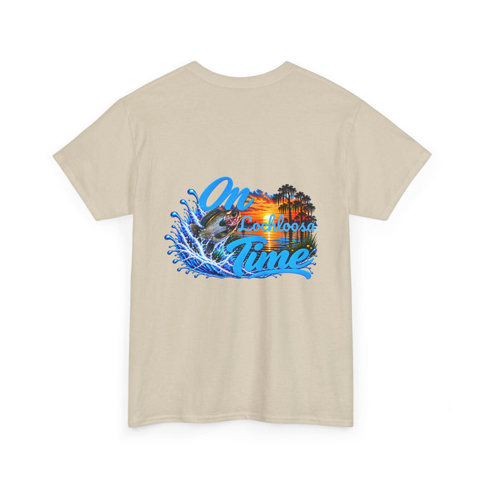 Cotton T-Shirt — “On [Your Lake] Time” Personalized Sunset Bluegill (Back Design)
