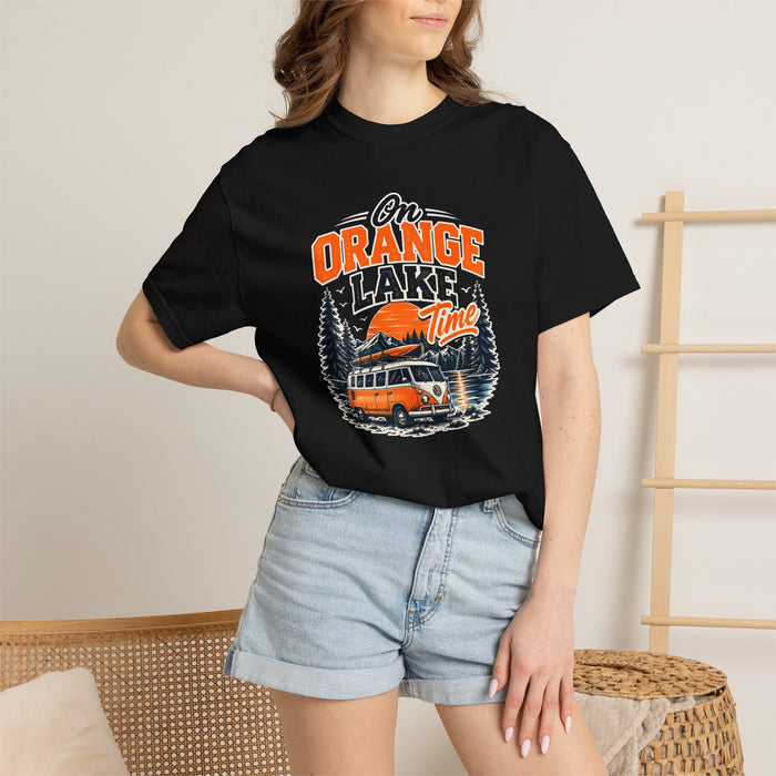 On Orange Lake Time T-Shirt – Retro VW Camper Lake Camping Tee