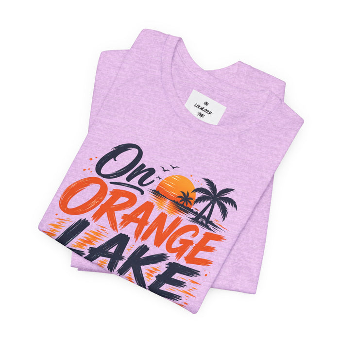 On Orange Lake Time T‑Shirt — Retro Sunset Palm Lake Shirt