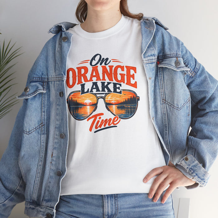 On Orange Lake Time T-Shirt — Retro Sunglasses Lake Vacation Tee