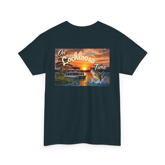 Personalized Sunset Tee — "On [Your Lake] Time" (Bass)