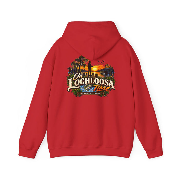 On Lochloosa Time hoodie, back view with large fisherman-at-sunset print, hood up, in Red