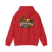 On Lochloosa Time hoodie, back view with large fisherman-at-sunset print, hood up, in Red