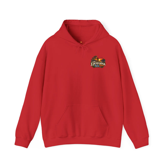 On Lochloosa Time hoodie, front view with small chest logo, in Red