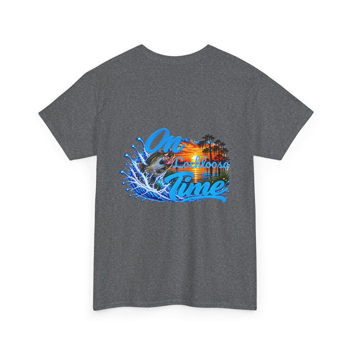 Cotton T-Shirt — “On [Your Lake] Time” Personalized Sunset Bluegill (Back Design)