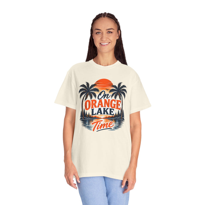 Lake Sunset T-Shirt — "On Orange Lake Time" Palm Tree Retro Tee