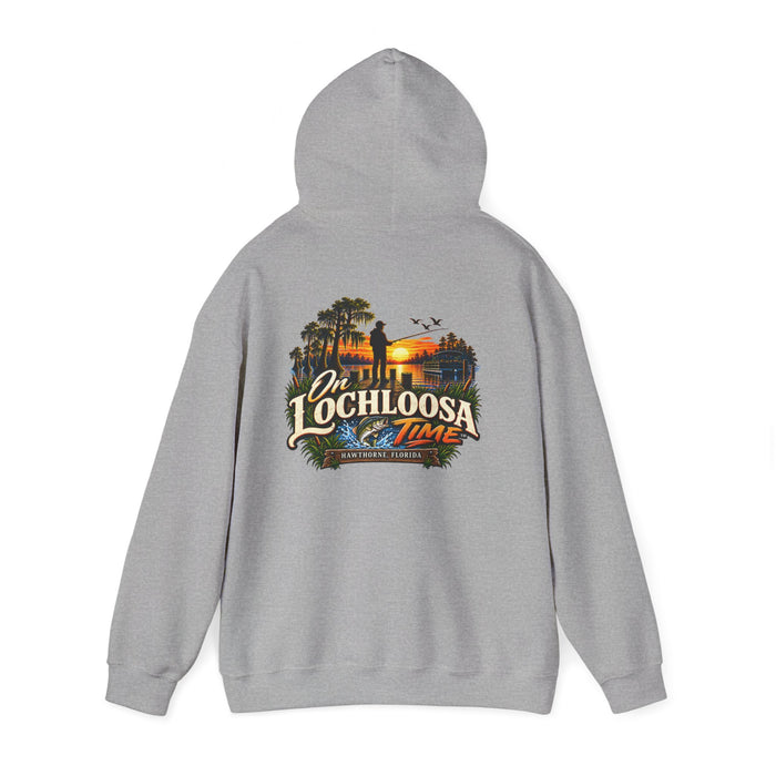 On Lochloosa Time hoodie, back view with large fisherman-at-sunset print, hood up, in Sport Grey