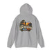 On Lochloosa Time hoodie, back view with large fisherman-at-sunset print, hood up, in Sport Grey