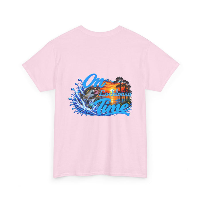 Cotton T-Shirt — “On [Your Lake] Time” Personalized Sunset Bluegill (Back Design)