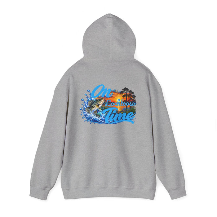 Hoodie — "On [Your Lake] Time" Personalized Sunset Crappie (Back Design)