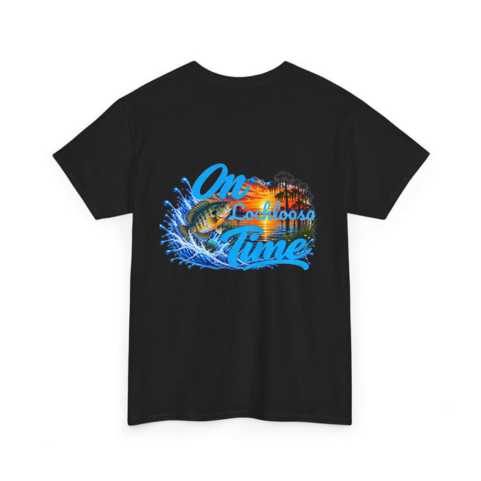 T-Shirt — "On [Your Lake] Time" Personalized Sunset Shell Cracker (Back Design)