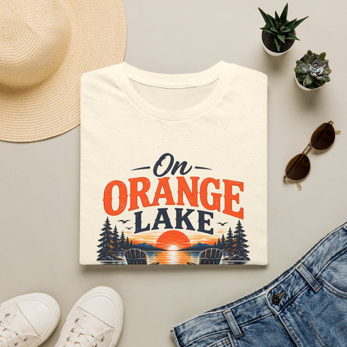 On Orange Lake T-Shirt — Retro Sunset Lake Graphic Tee