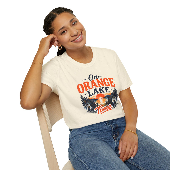 On Orange Lake T-Shirt — Retro Sunset Lake Graphic Tee
