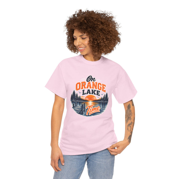 Lake T-Shirt — "On Orange Lake Time" Retro Sunset Fishing Tee