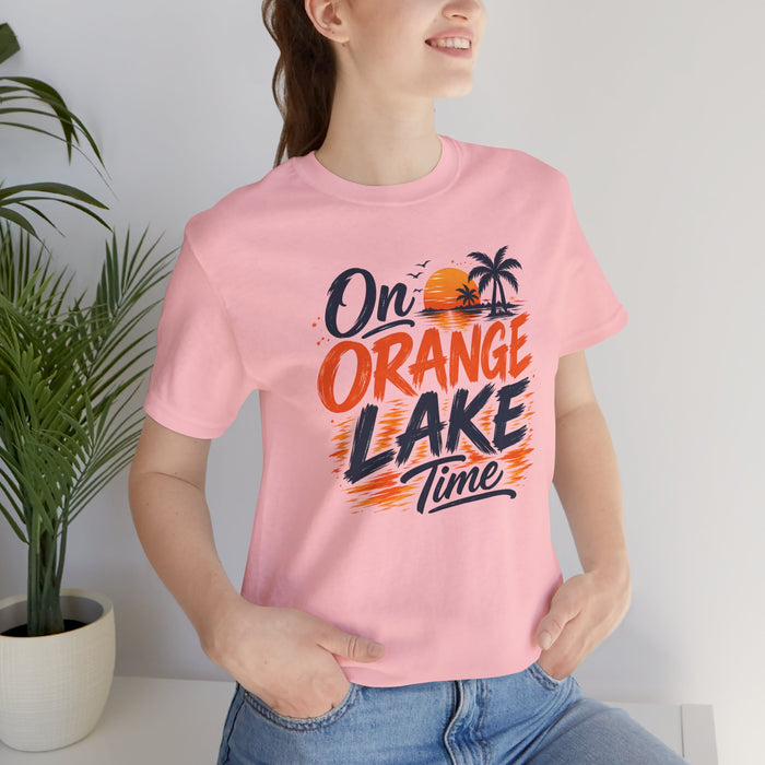 On Orange Lake Time T‑Shirt — Retro Sunset Palm Lake Shirt