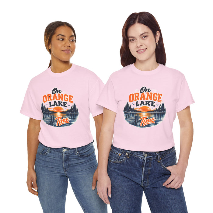 Lake T-Shirt — "On Orange Lake Time" Retro Sunset Fishing Tee