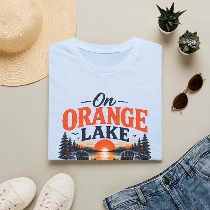 On Orange Lake T-Shirt — Retro Sunset Lake Graphic Tee