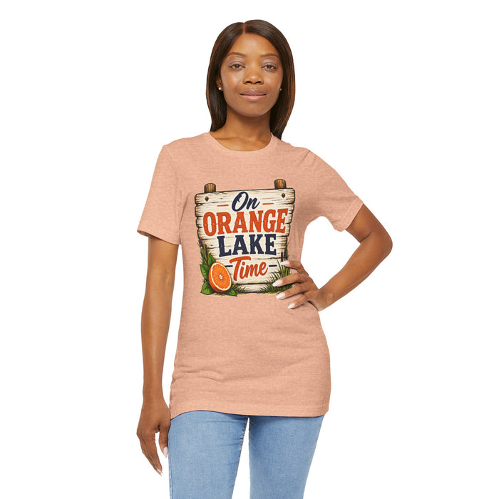 On Orange Lake Time T‑Shirt — Vintage Lakeside Orange Slice Tee