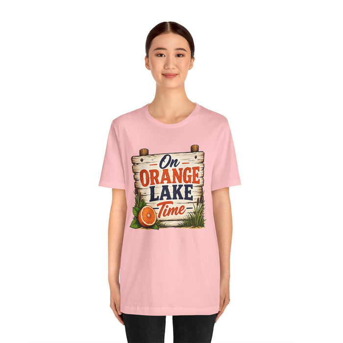 On Orange Lake Time T‑Shirt — Vintage Lakeside Orange Slice Tee