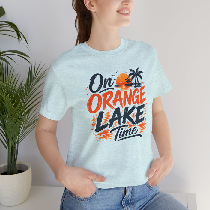 On Orange Lake Time T‑Shirt — Retro Sunset Palm Lake Shirt