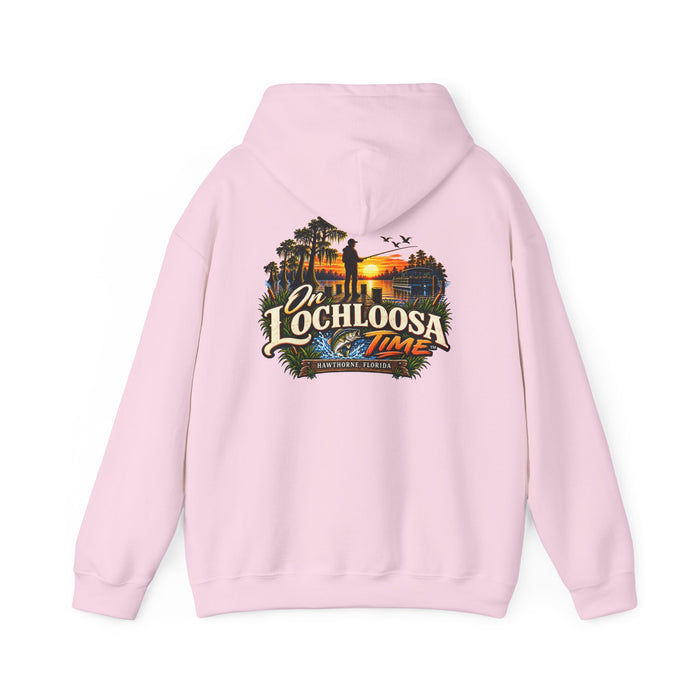 On Lochloosa Time hoodie, back view with large fisherman-at-sunset print, in Light Pink